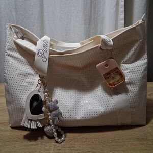 Victoria's Secret Cream Tote with Rhinestone Details and Added Keychain Charms